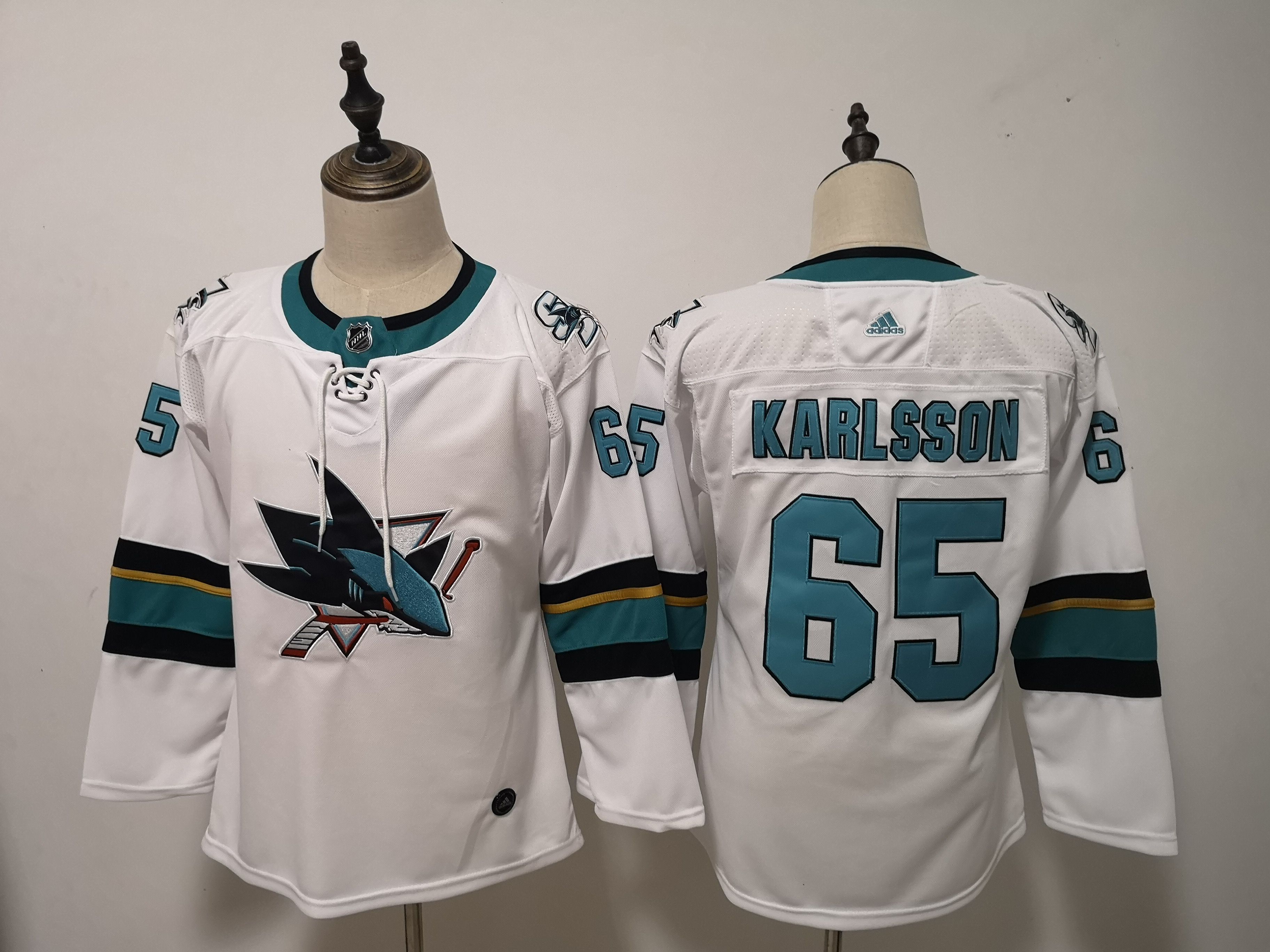 Women San Jose Sharks #65 Karlsson White Adidas Stitched NHL Jersey->women nhl jersey->Women Jersey